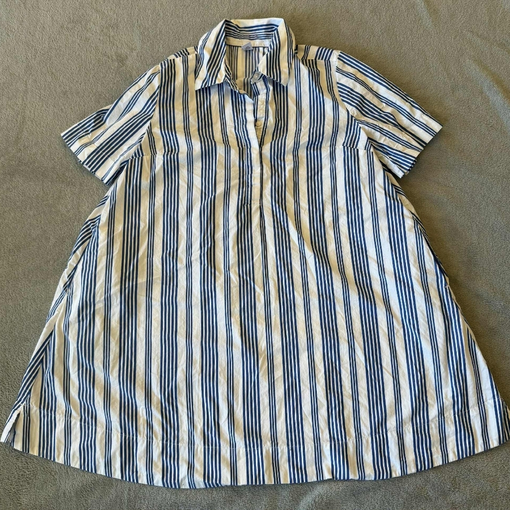 Striped Collared Button Up Short Sleeve Dress Tunic Blue White